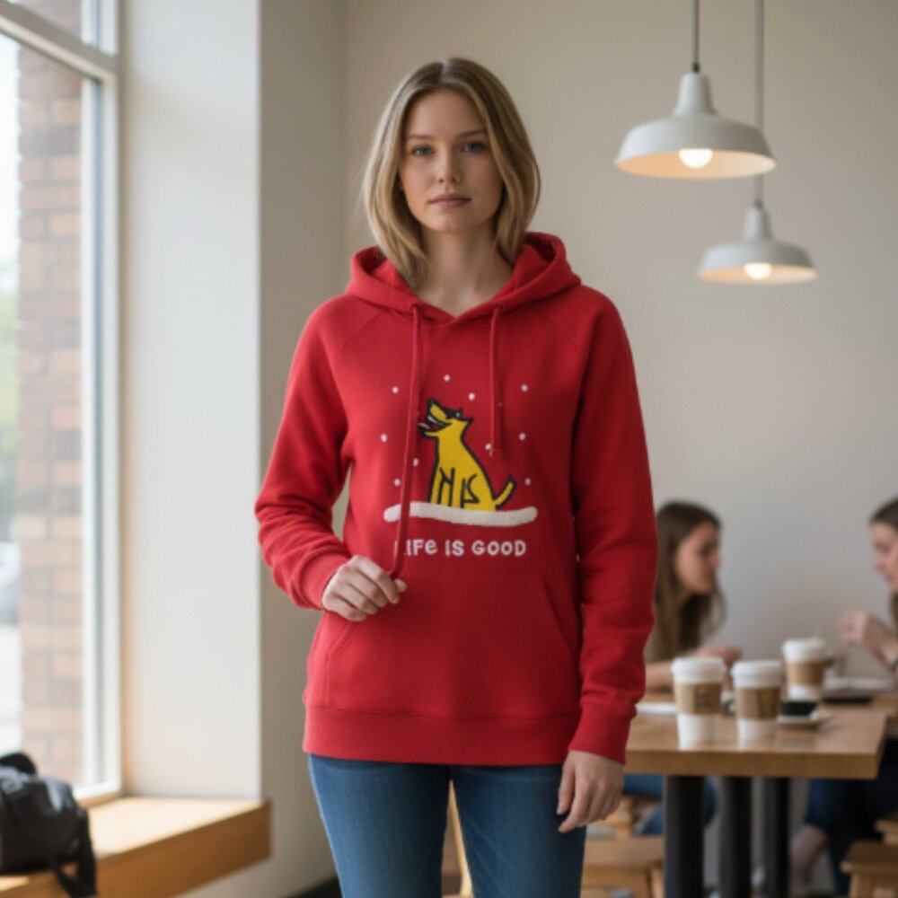 NWT Life is Good Red Hoodie Sweater with Dog Graphic Small Red